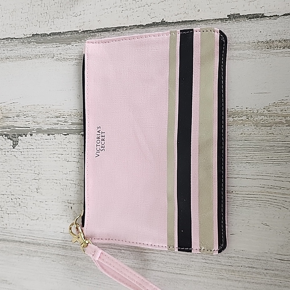 Victoria's Secret pink black silver stripe canvas makeup bag NEW